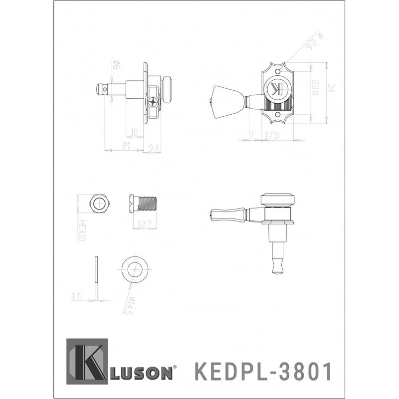 Kluson Revolution Diecast Tuners - 3 Per Side - Pearloid Keystone Button, Locking Chrome - Image 5